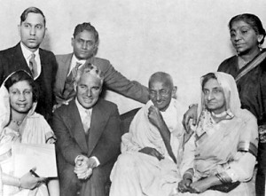 Gandhiji and Chaplin, at far right standing is Sarojini Naidu